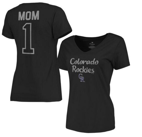 2020 MLB Colorado Rockies Women 2017 Mother Day #1 Mom VNeck TShirt  Black